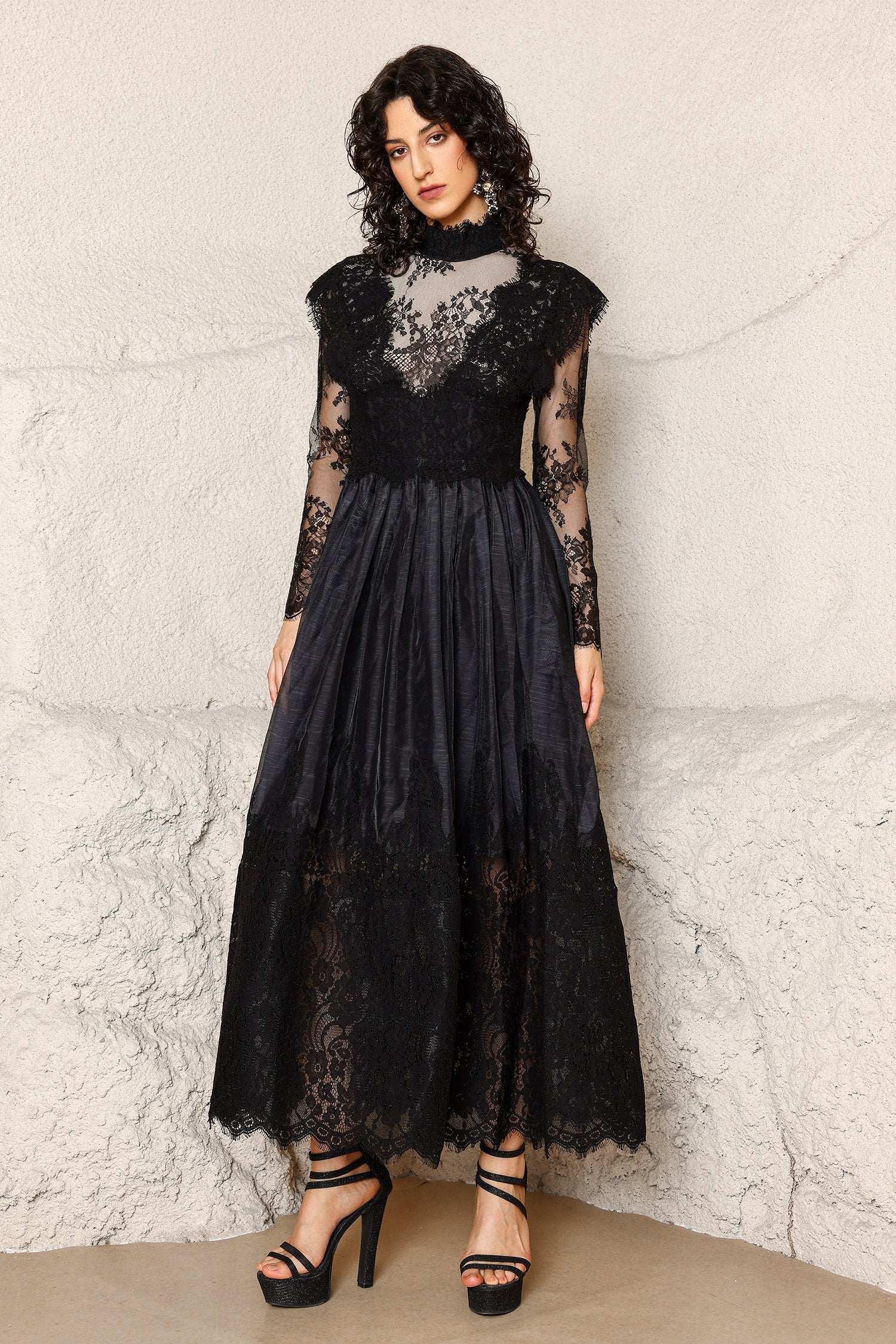 Black Tate Long Sleeves Lace Midi Dress Abundance