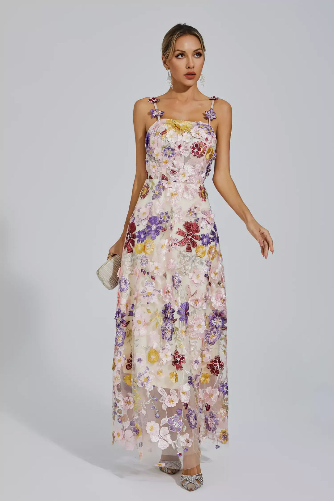 Taytum White Flower Embroidery Maxi Dress