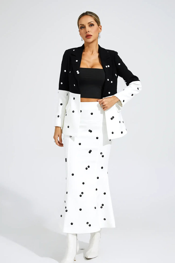 Noella White Polka Dot Sequins Blazer Set