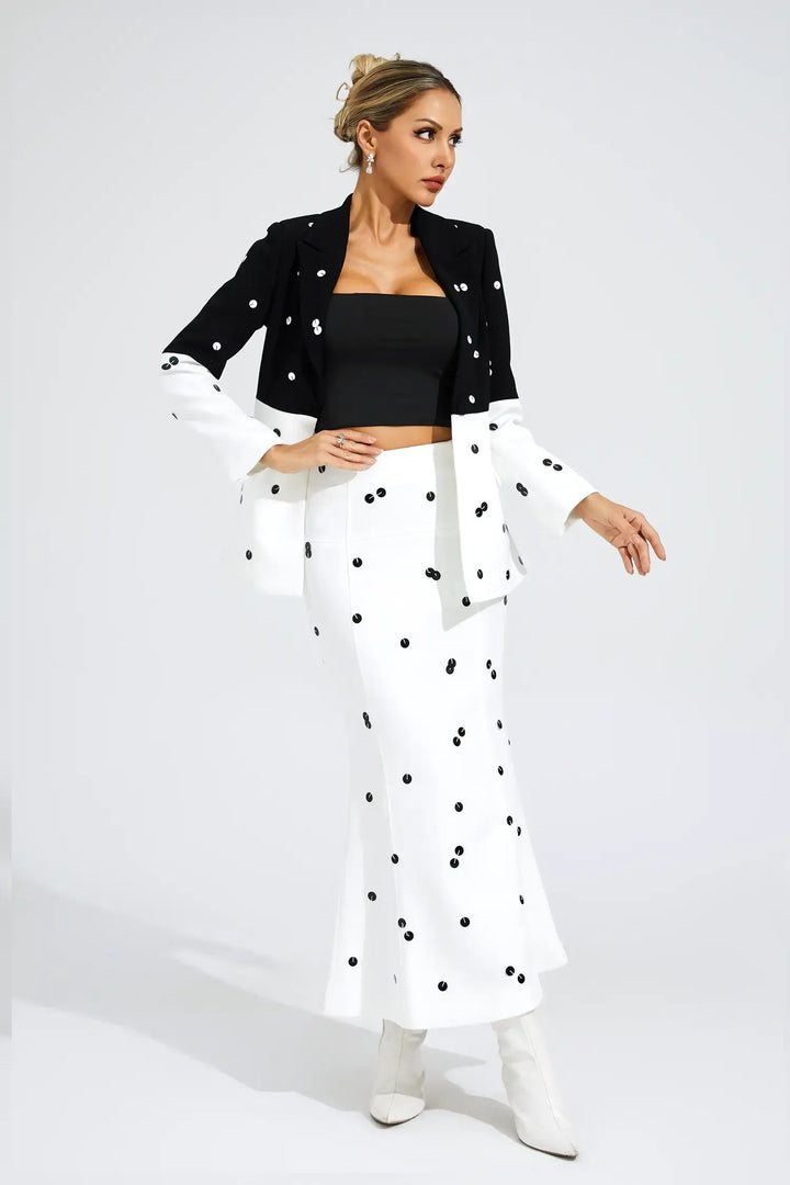 Noella White Polka Dot Sequins Blazer Set