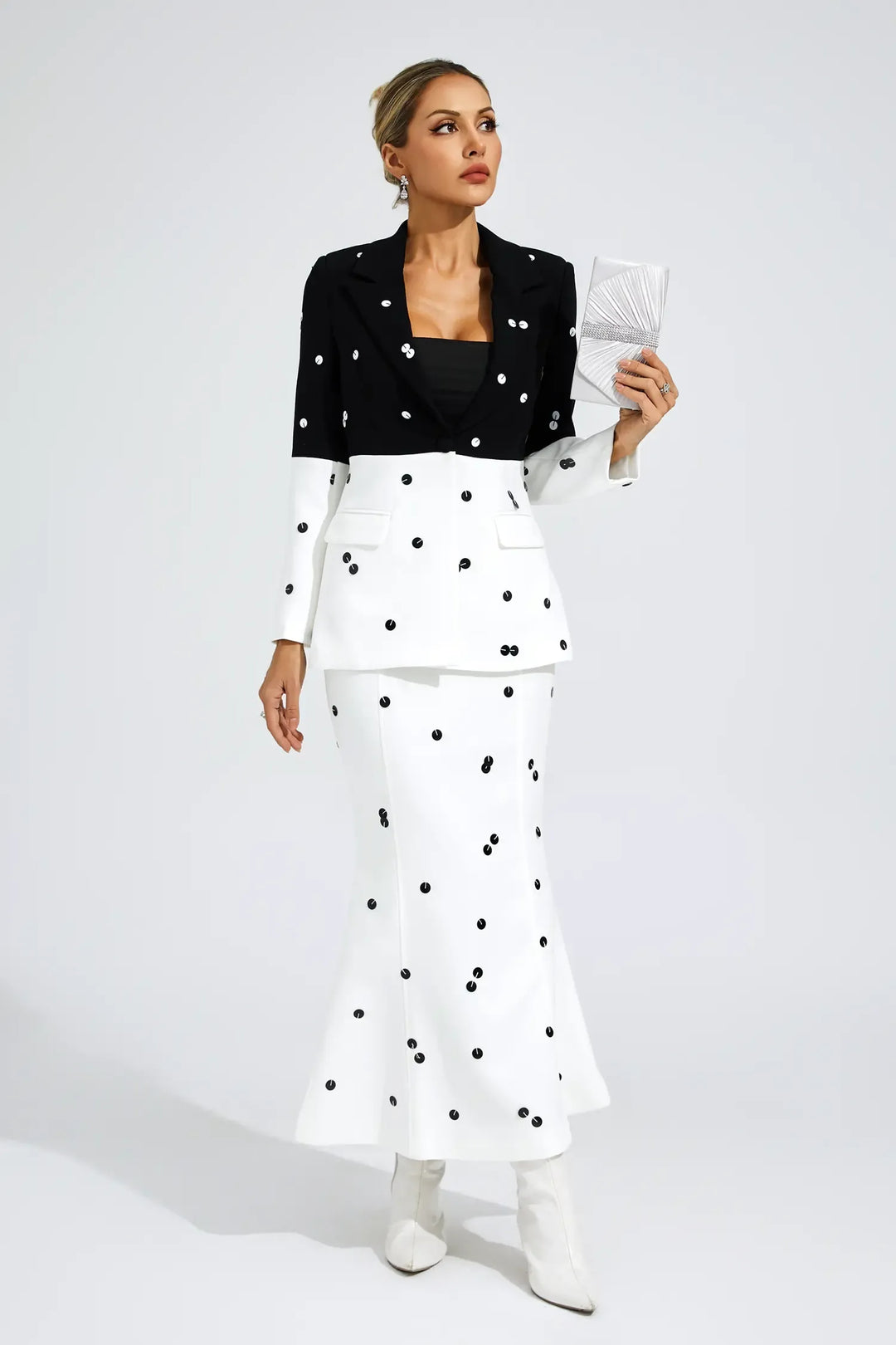 Noella White Polka Dot Sequins Blazer Set