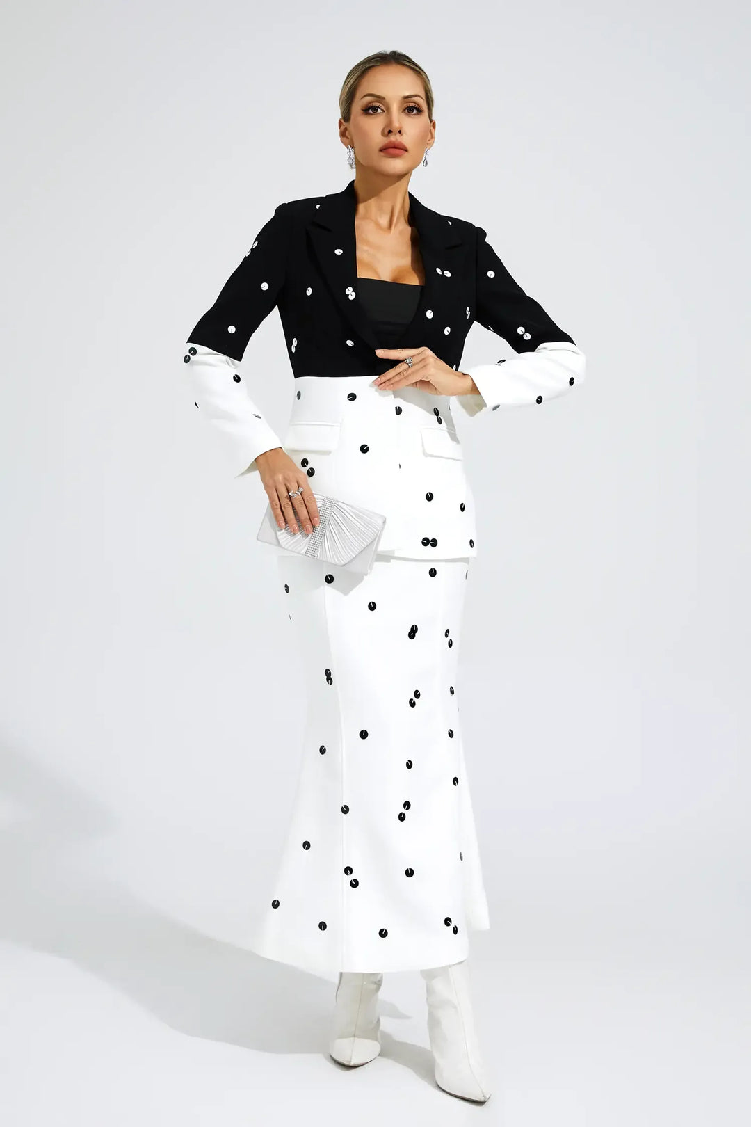 Noella White Polka Dot Sequins Blazer Set