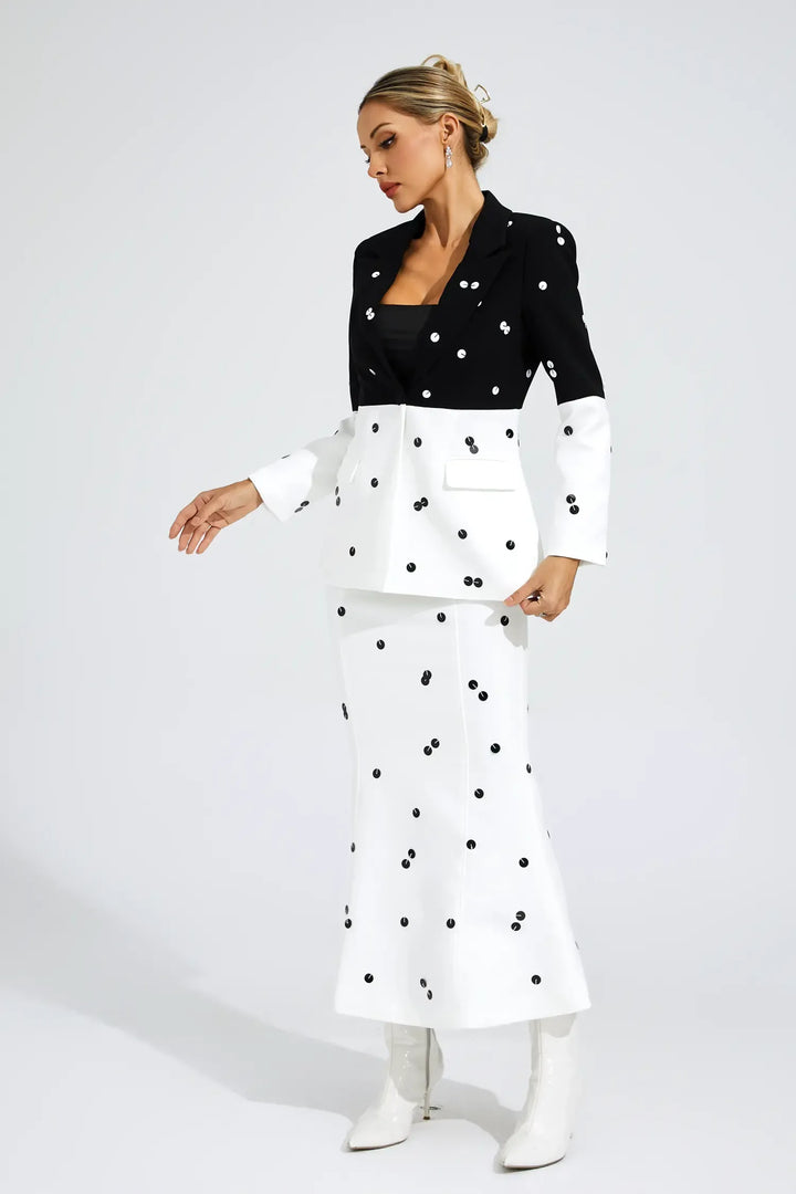 Noella White Polka Dot Sequins Blazer Set