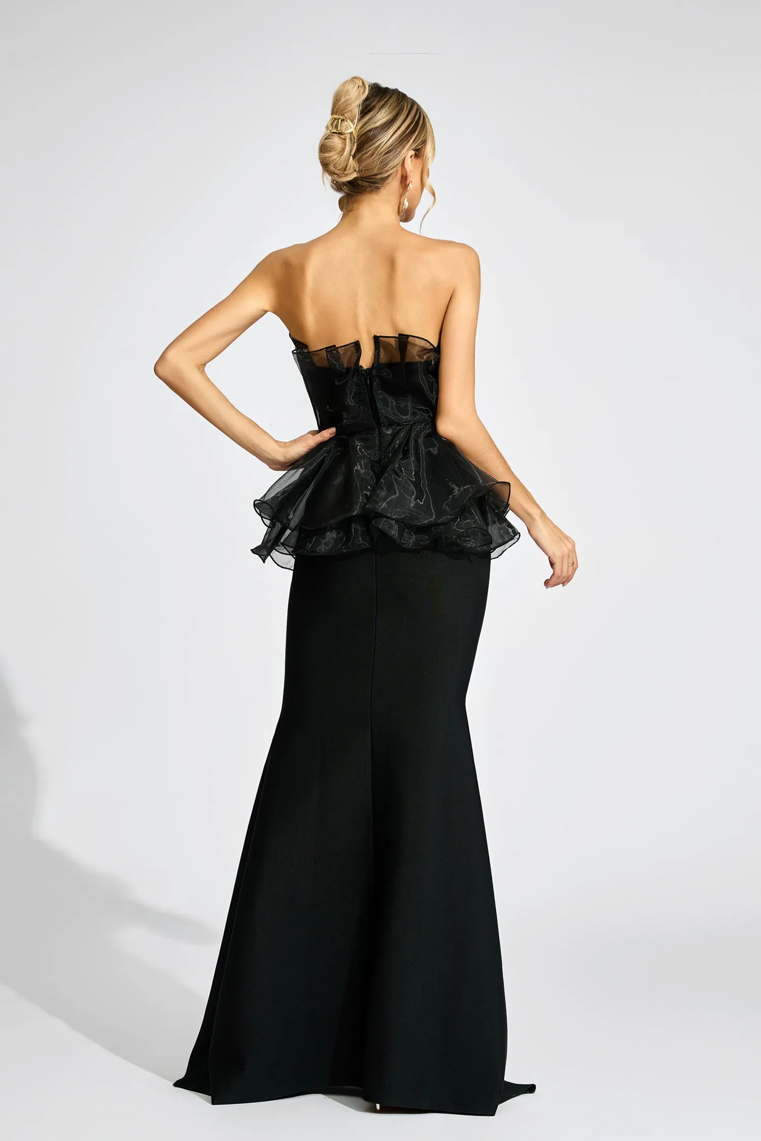 Gloria Black Peplum Evening Maxi Dress