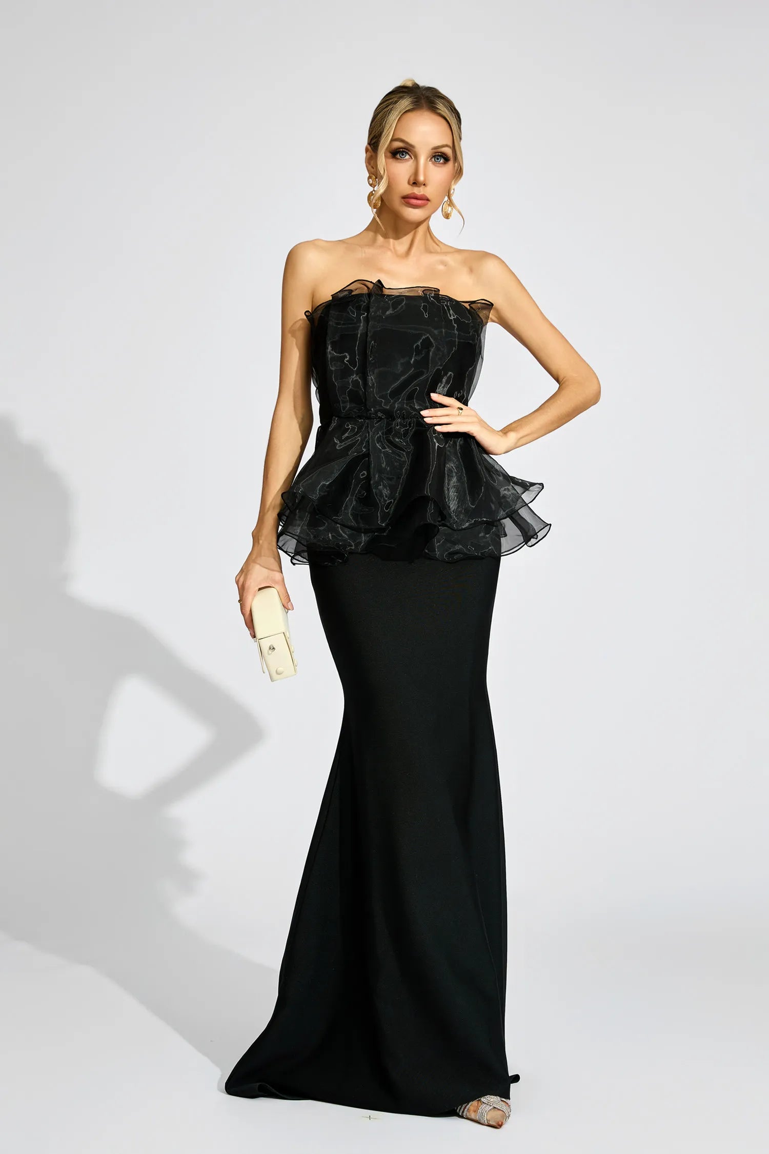 Gloria Black Peplum Evening Maxi Dress