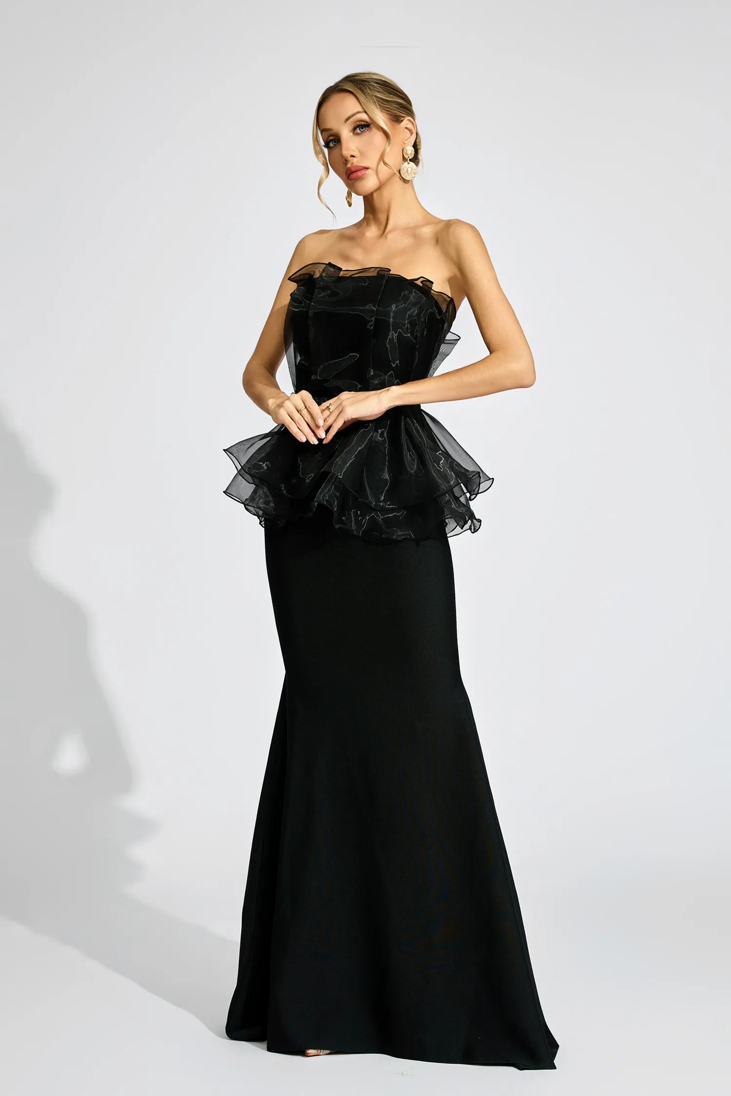 Gloria Black Peplum Evening Maxi Dress