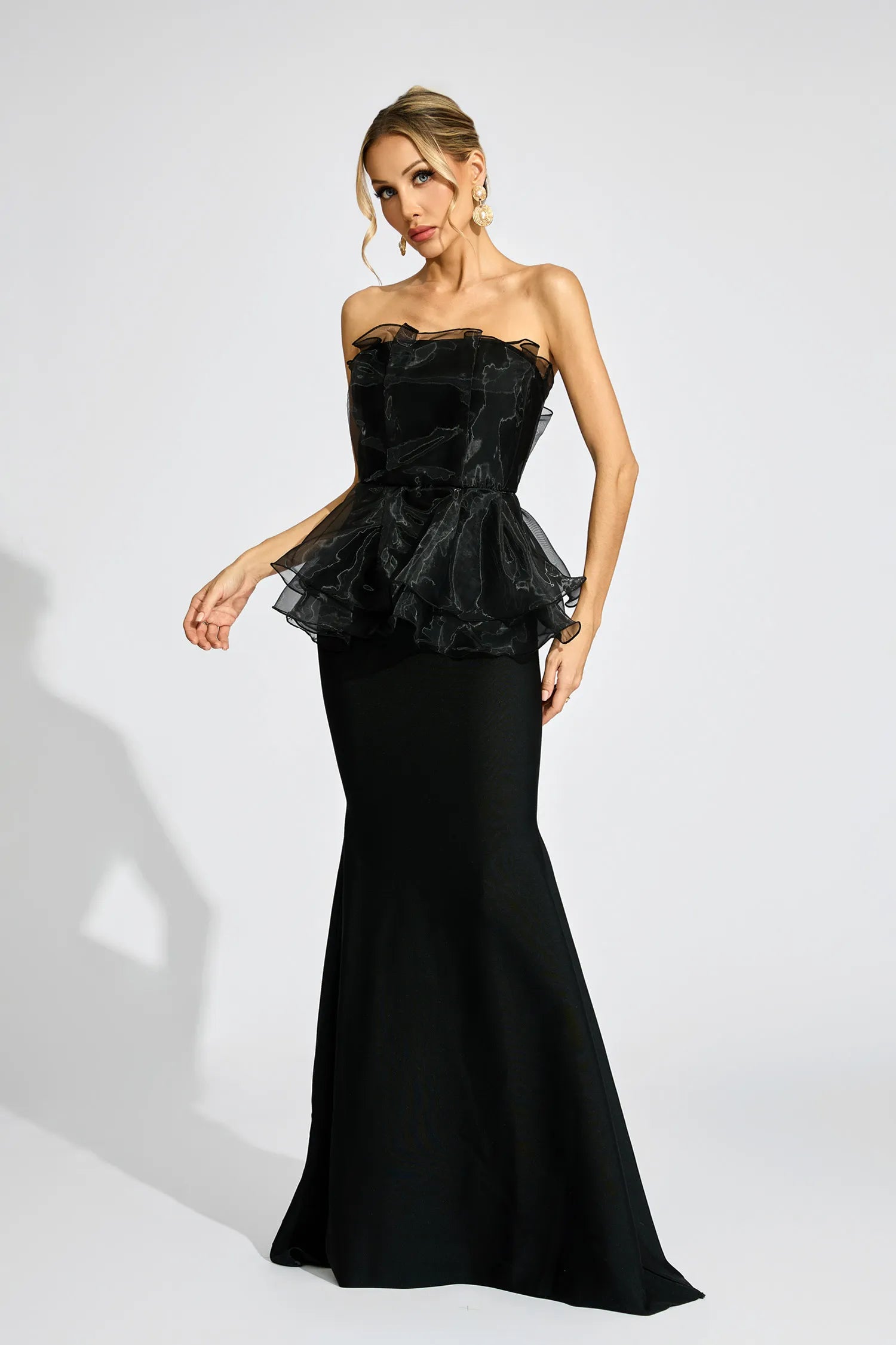 Gloria Black Peplum Evening Maxi Dress