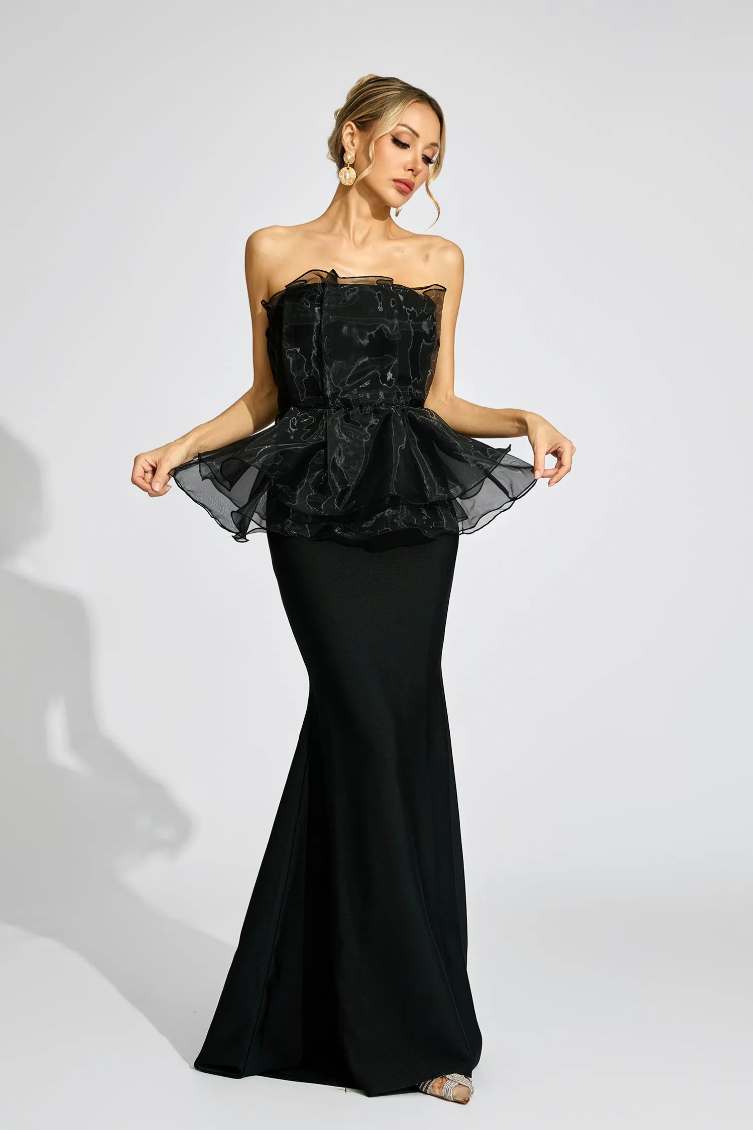 Gloria Black Peplum Evening Maxi Dress