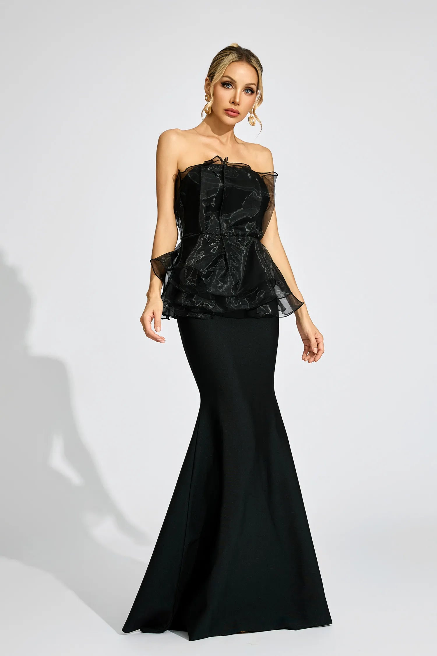 Gloria Black Peplum Evening Maxi Dress