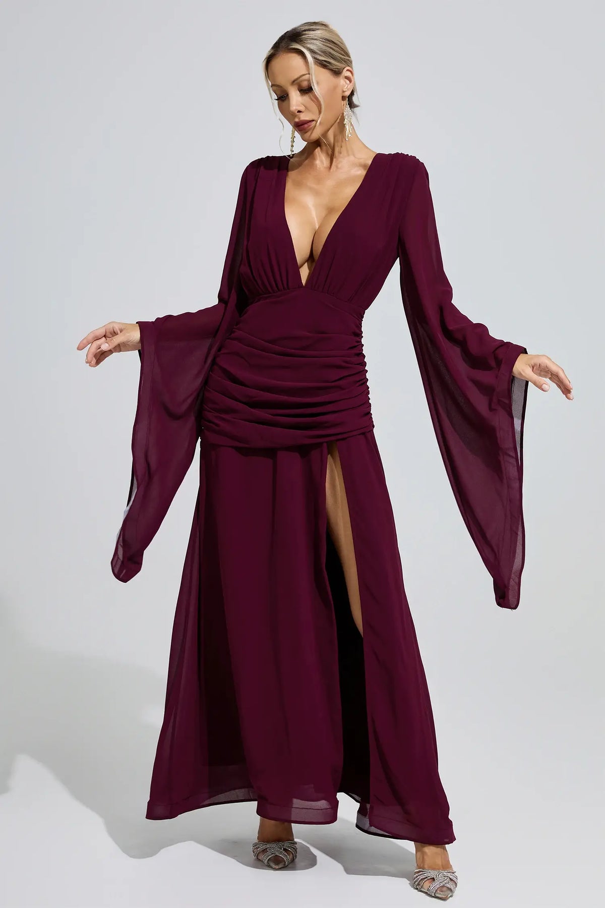Soleil Purple Ruched Wrap Maxi Dress