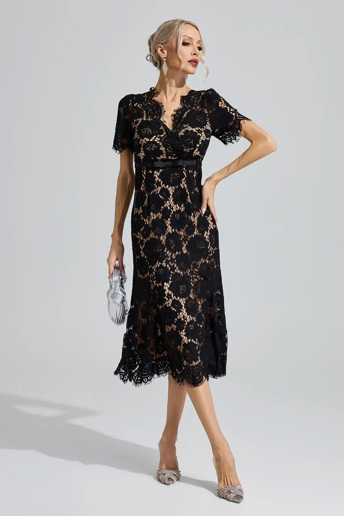Ismeria Black Lace Fishtail Maxi Dress