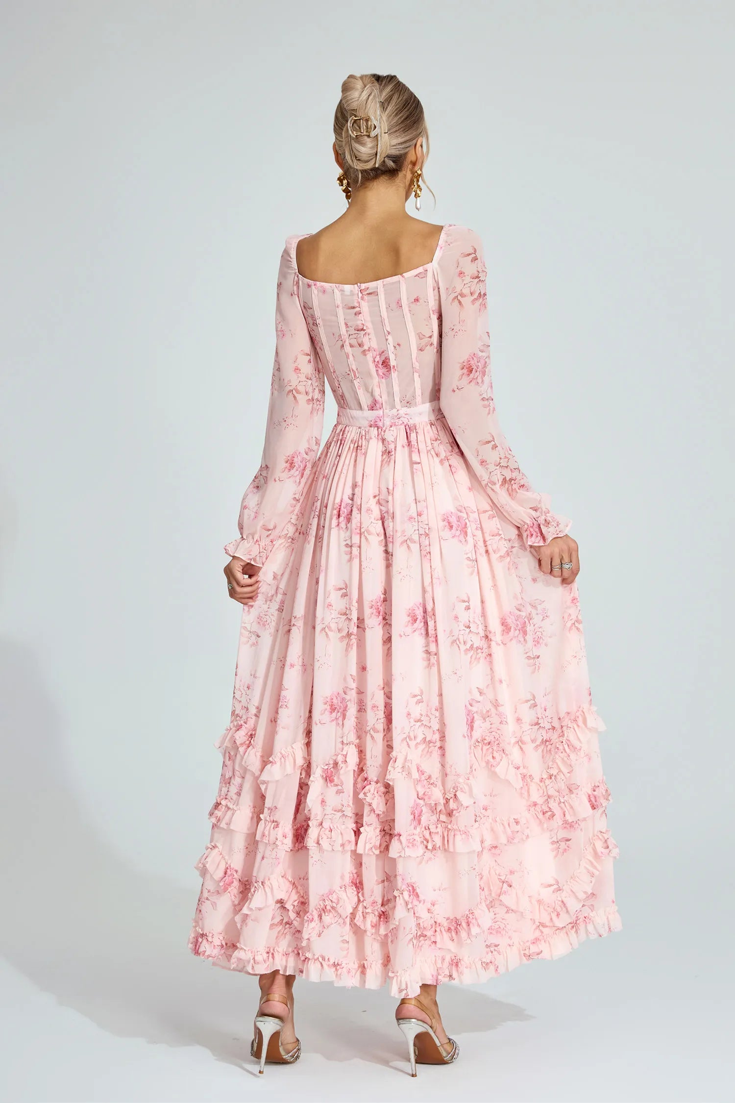 Kiara Pink Floral Chiffon Maxi Dress