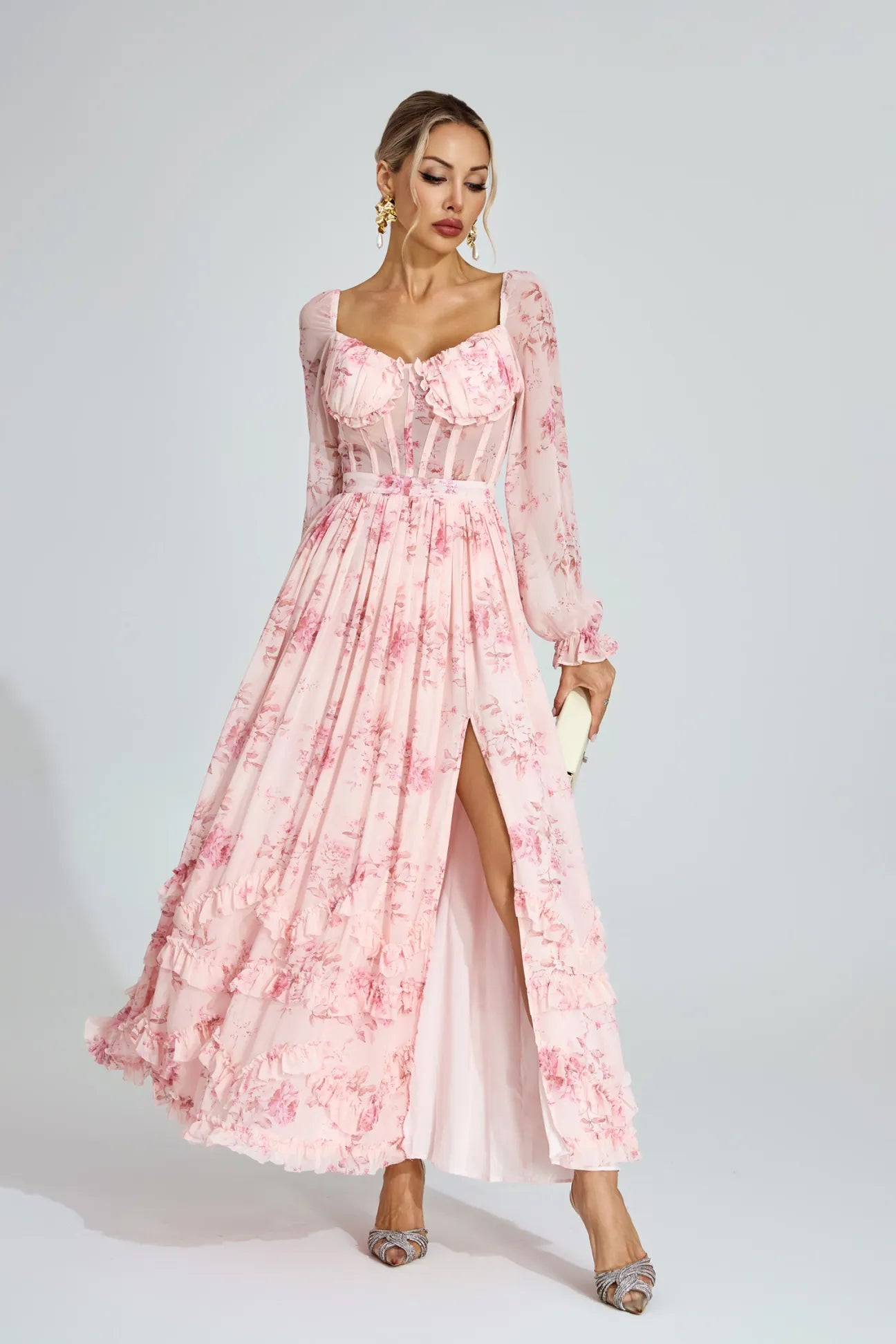 Kiara Pink Floral Chiffon Maxi Dress