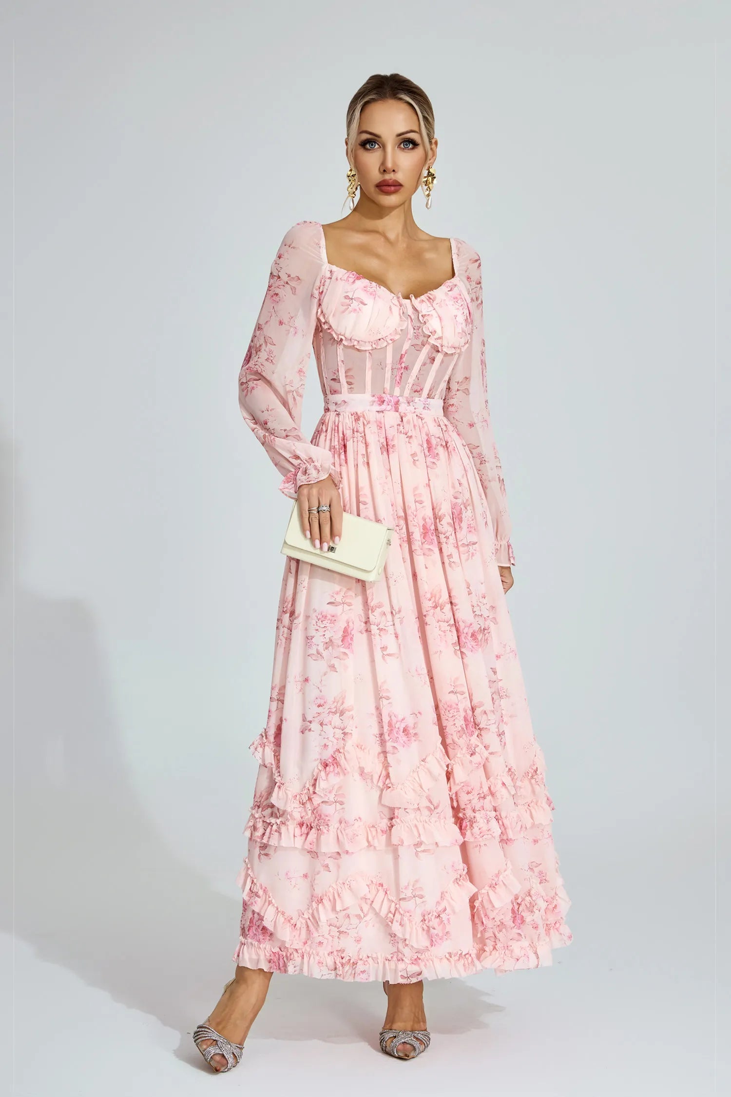 Kiara Pink Floral Chiffon Maxi Dress