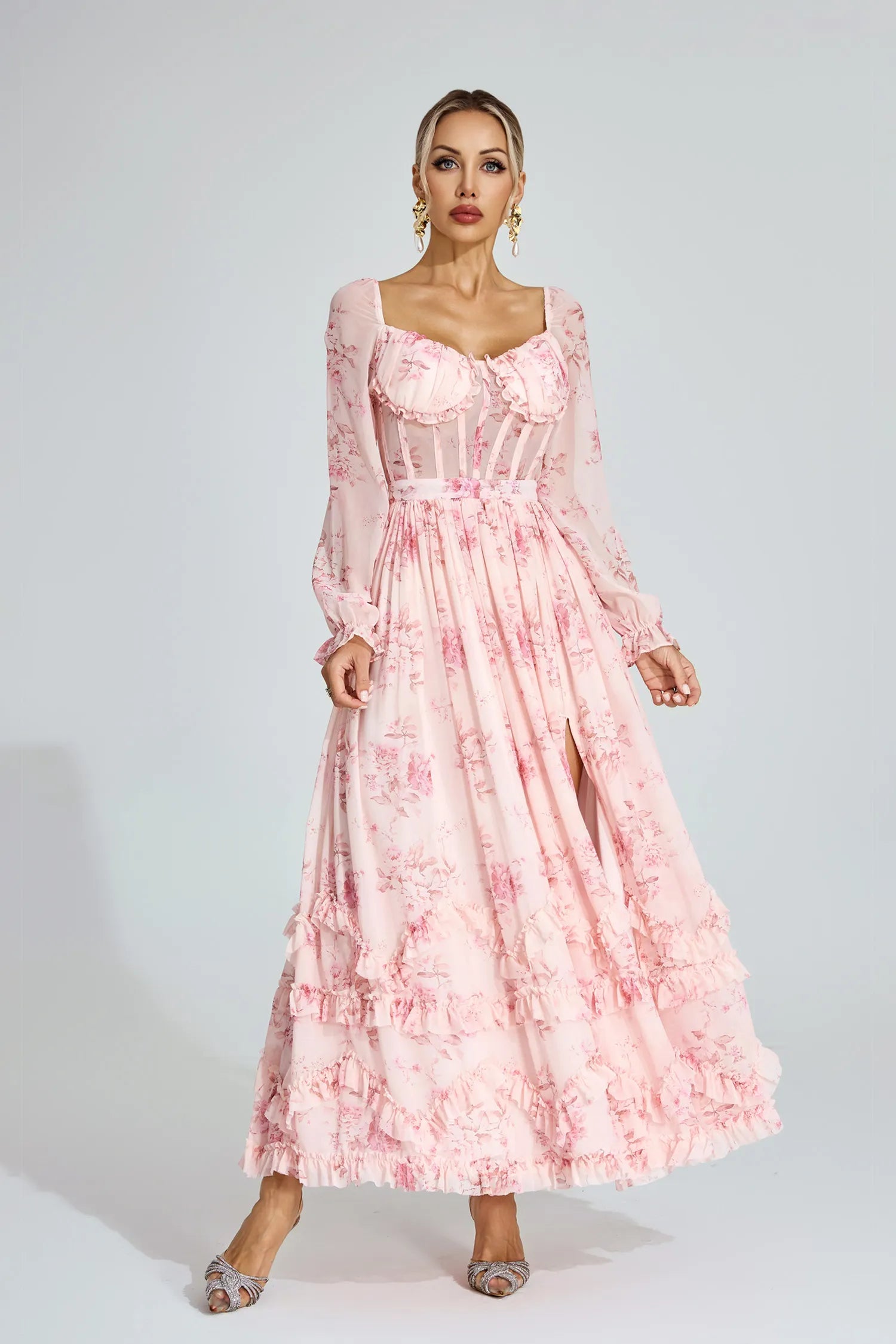 Kiara Pink Floral Chiffon Maxi Dress