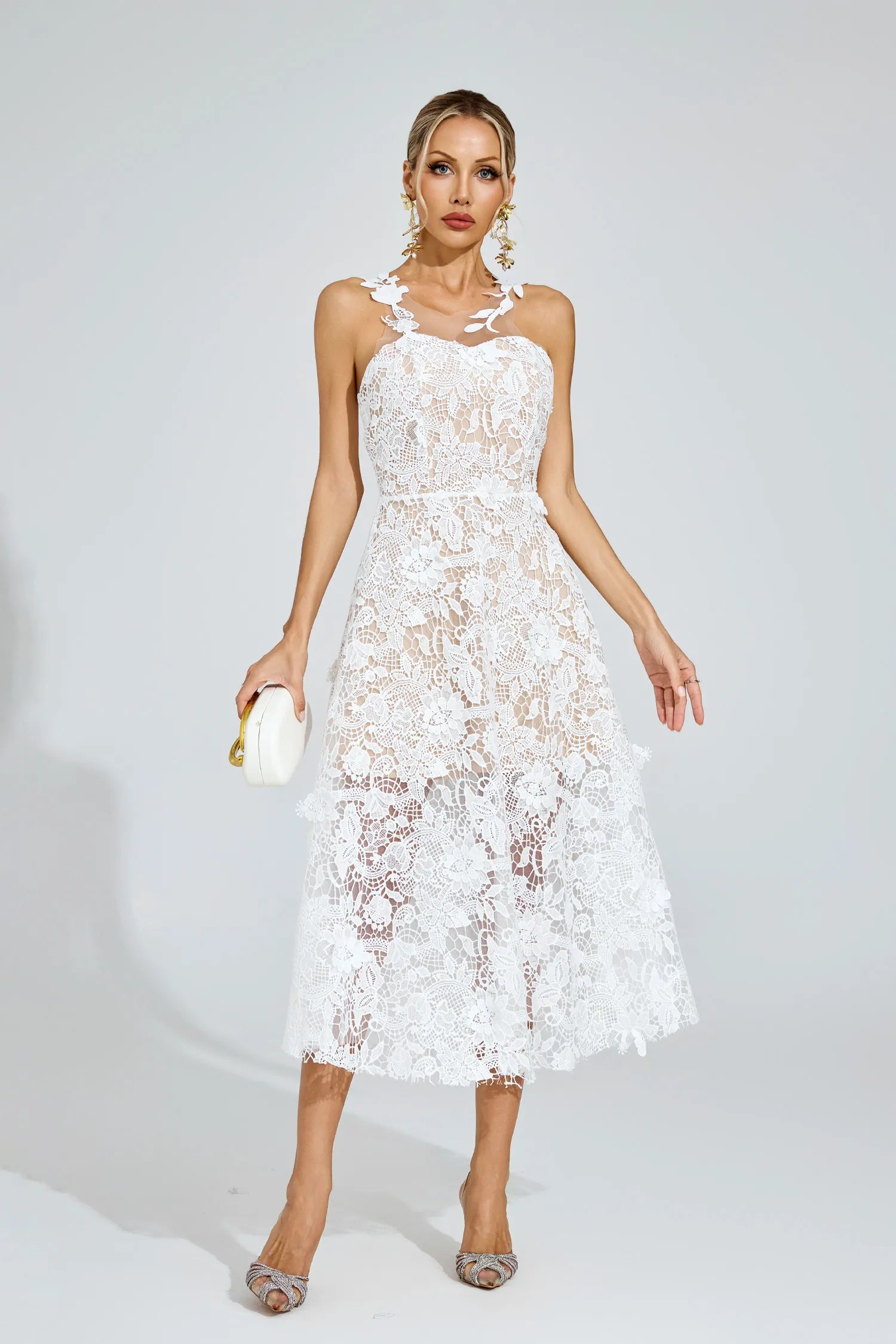 Whitney White Lace Illusion Midi Dress