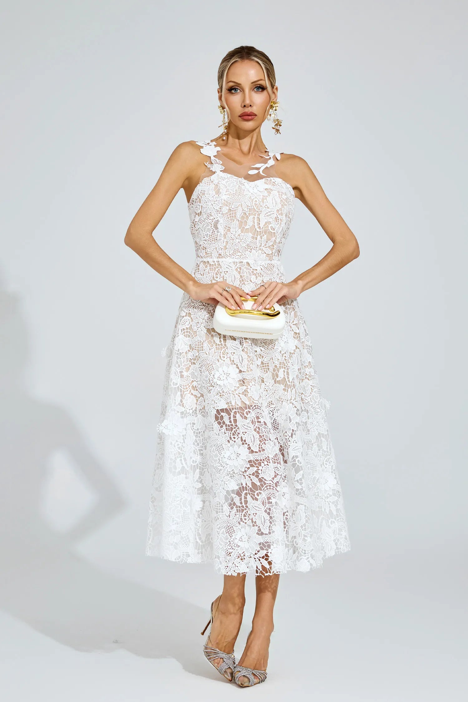 Whitney White Lace Illusion Midi Dress