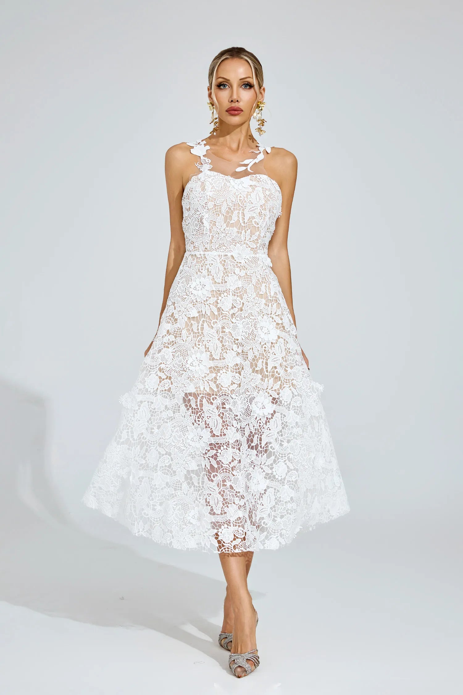 Whitney White Lace Illusion Midi Dress