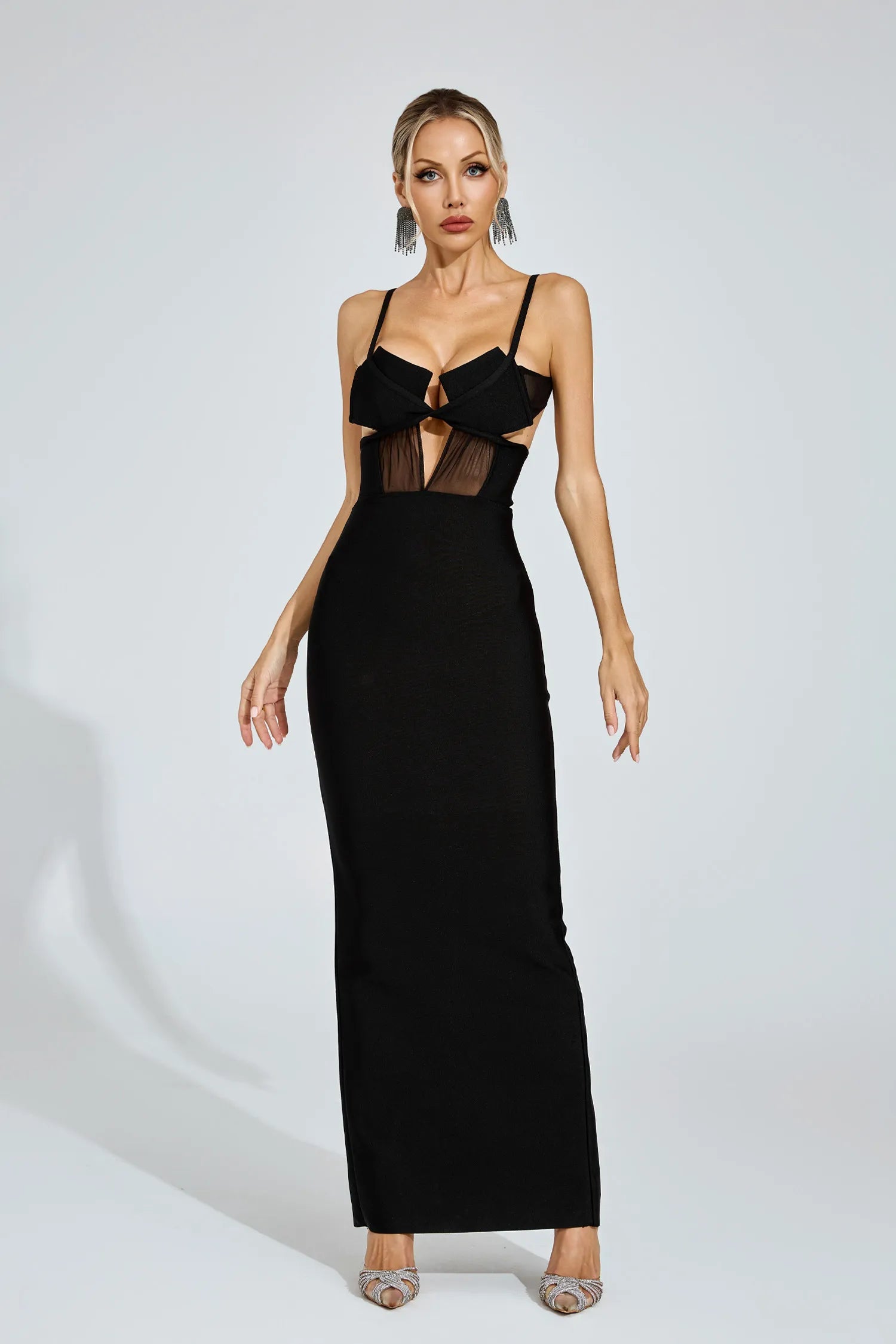 Noelle Black Mesh Accent Bandage Maxi Dress