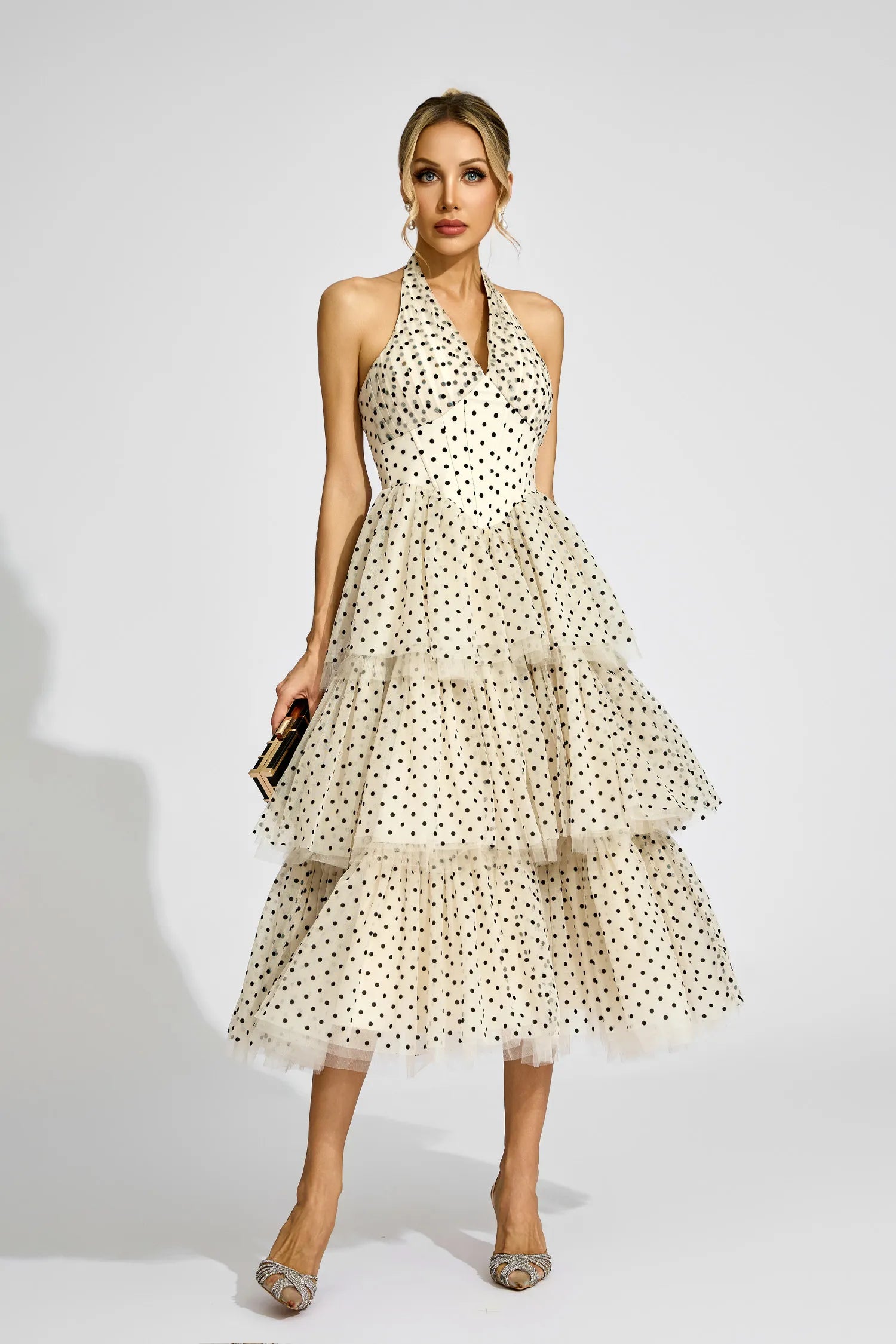 Wendy Apricot Polka Dot Halter Midi Dress