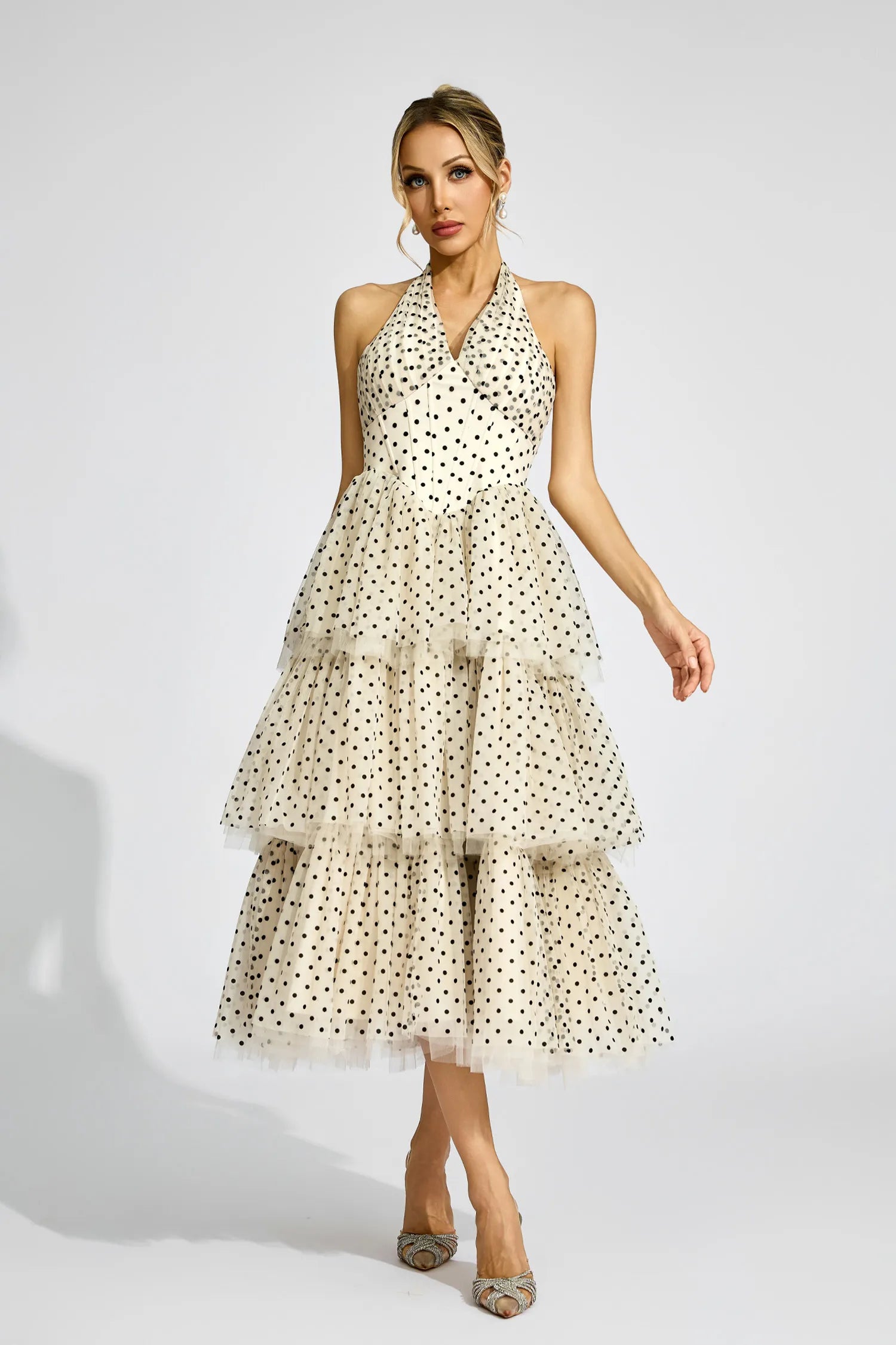 Wendy Apricot Polka Dot Halter Midi Dress