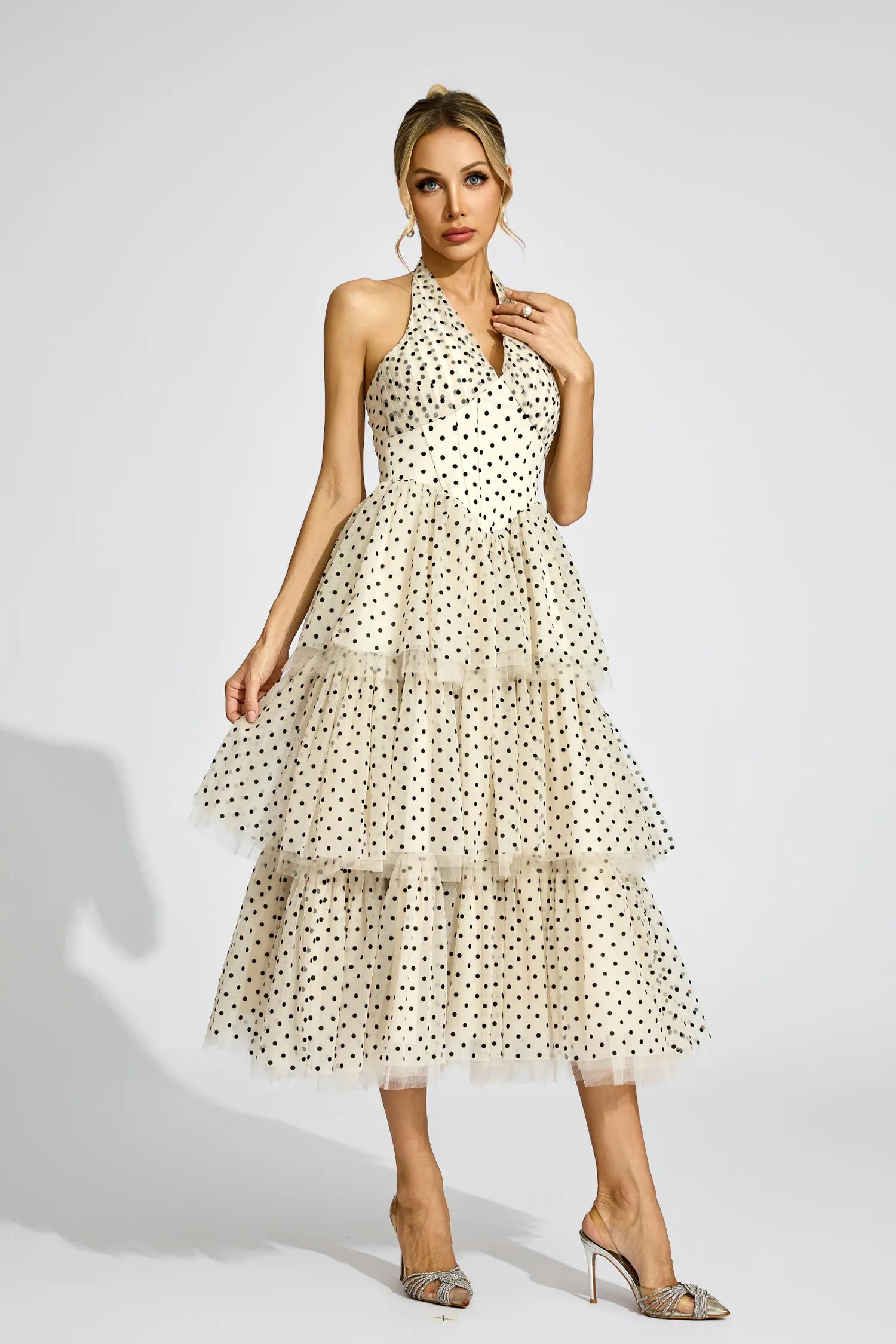 Wendy Apricot Polka Dot Halter Midi Dress