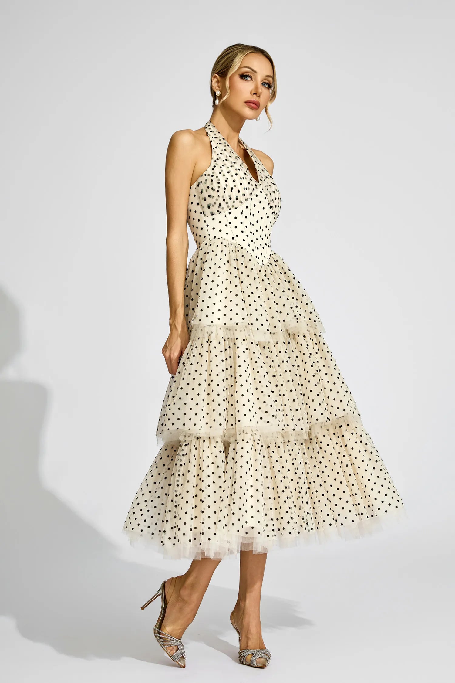 Wendy Apricot Polka Dot Halter Midi Dress