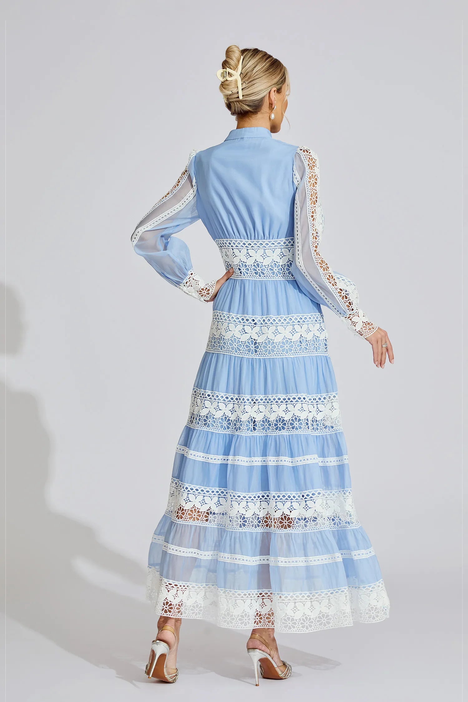 Avriel Blue Lace V-Neck French Maxi Dress