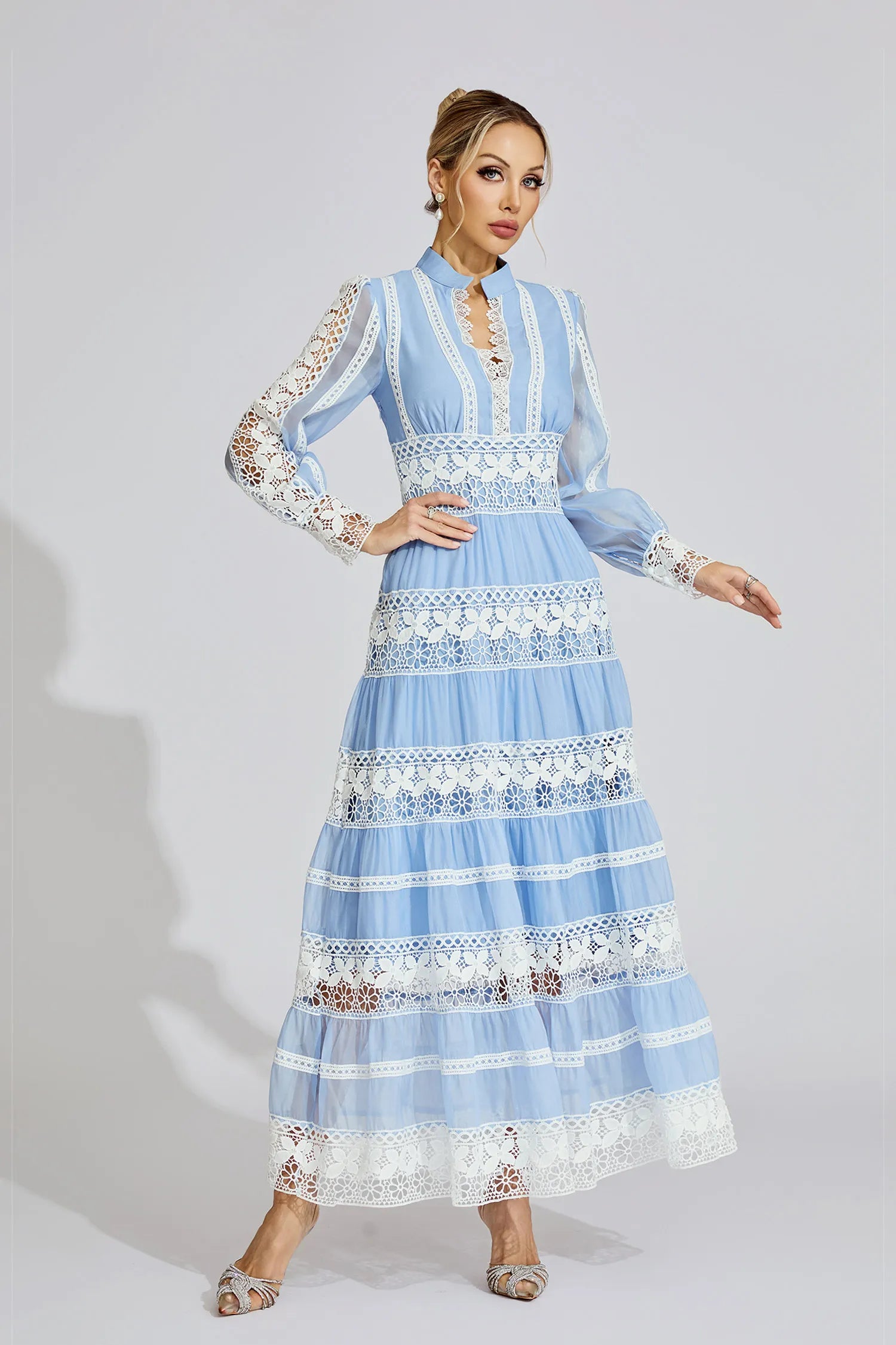 Avriel Blue Lace V-Neck French Maxi Dress