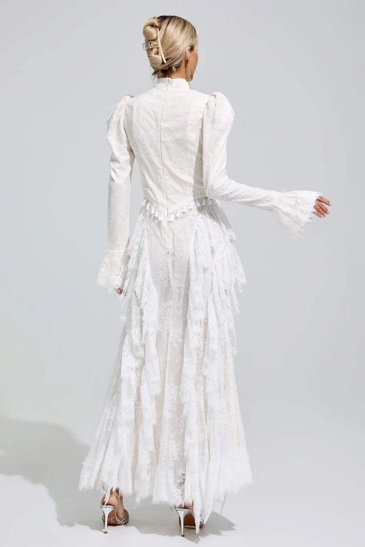 Evangeline White Puff Sleeve Tassel Maxi Dress