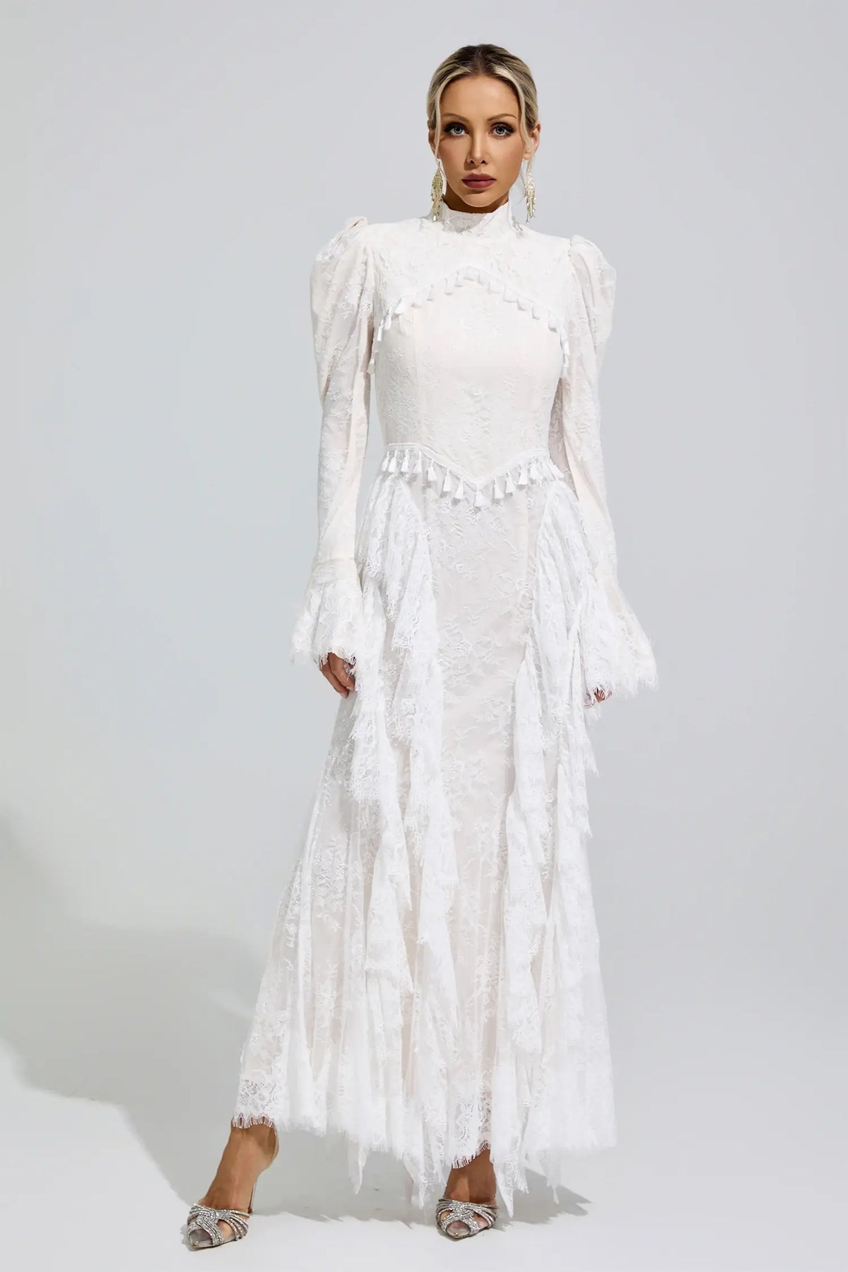 Evangeline White Puff Sleeve Tassel Maxi Dress