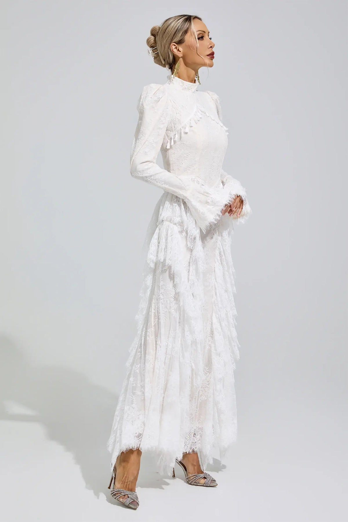 Evangeline White Puff Sleeve Tassel Maxi Dress