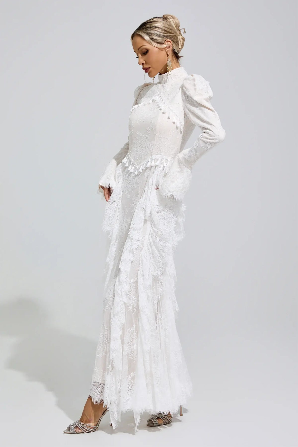 Evangeline White Puff Sleeve Tassel Maxi Dress