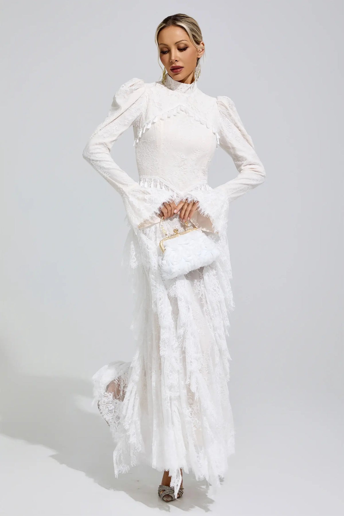 Evangeline White Puff Sleeve Tassel Maxi Dress