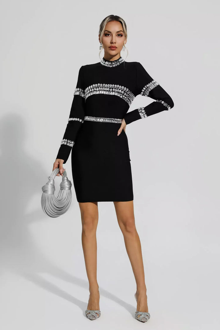 Hayley Black Diamond Embellished Long Sleeve Mini Dress