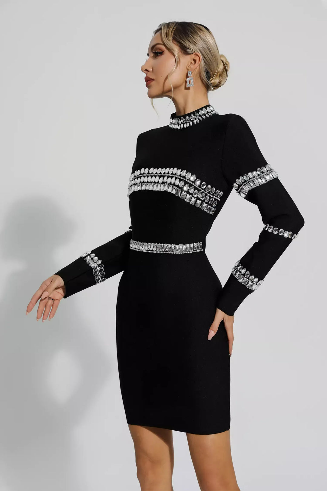 Hayley Black Diamond Embellished Long Sleeve Mini Dress