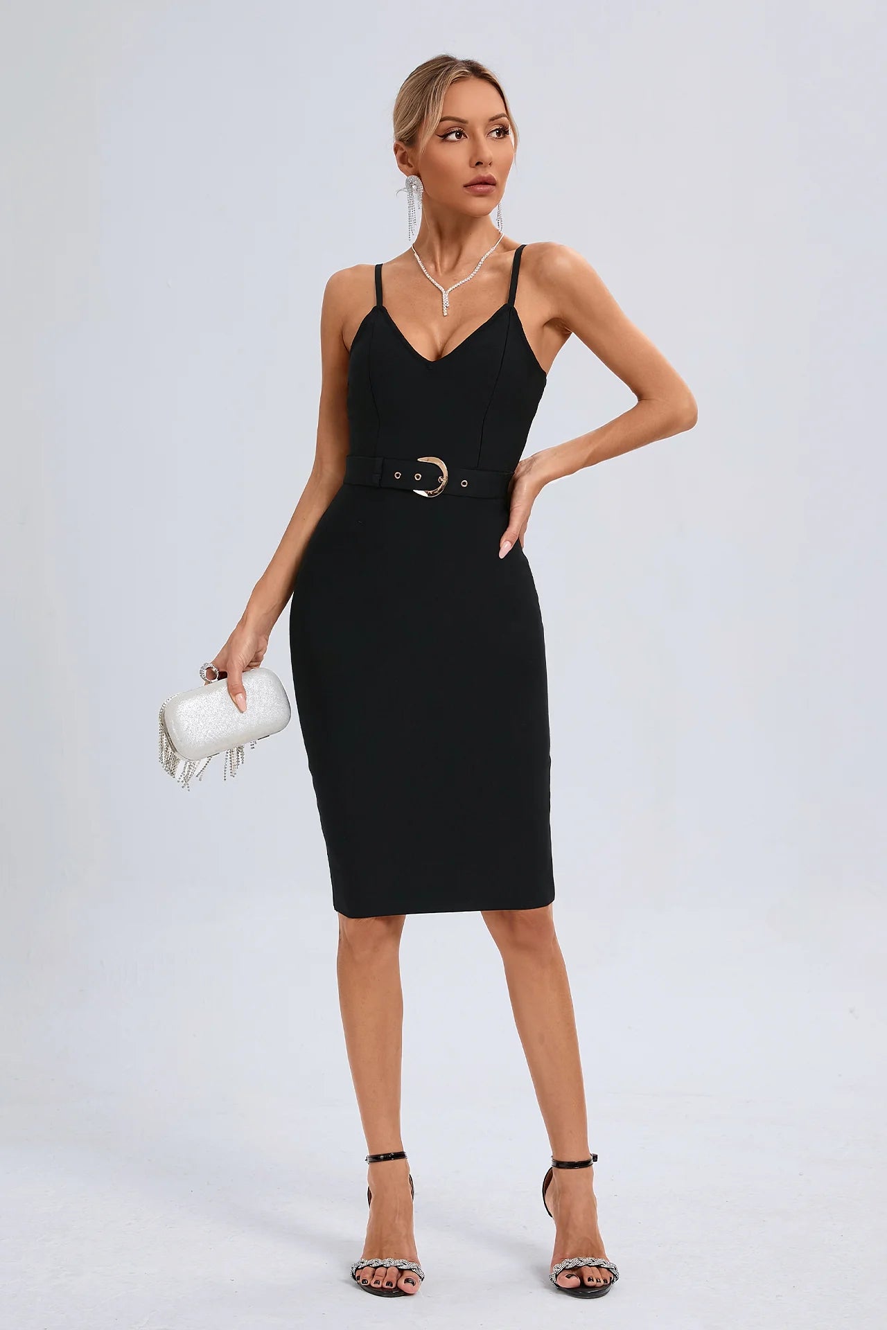 Evelina V-Neck Midi Dress In Black