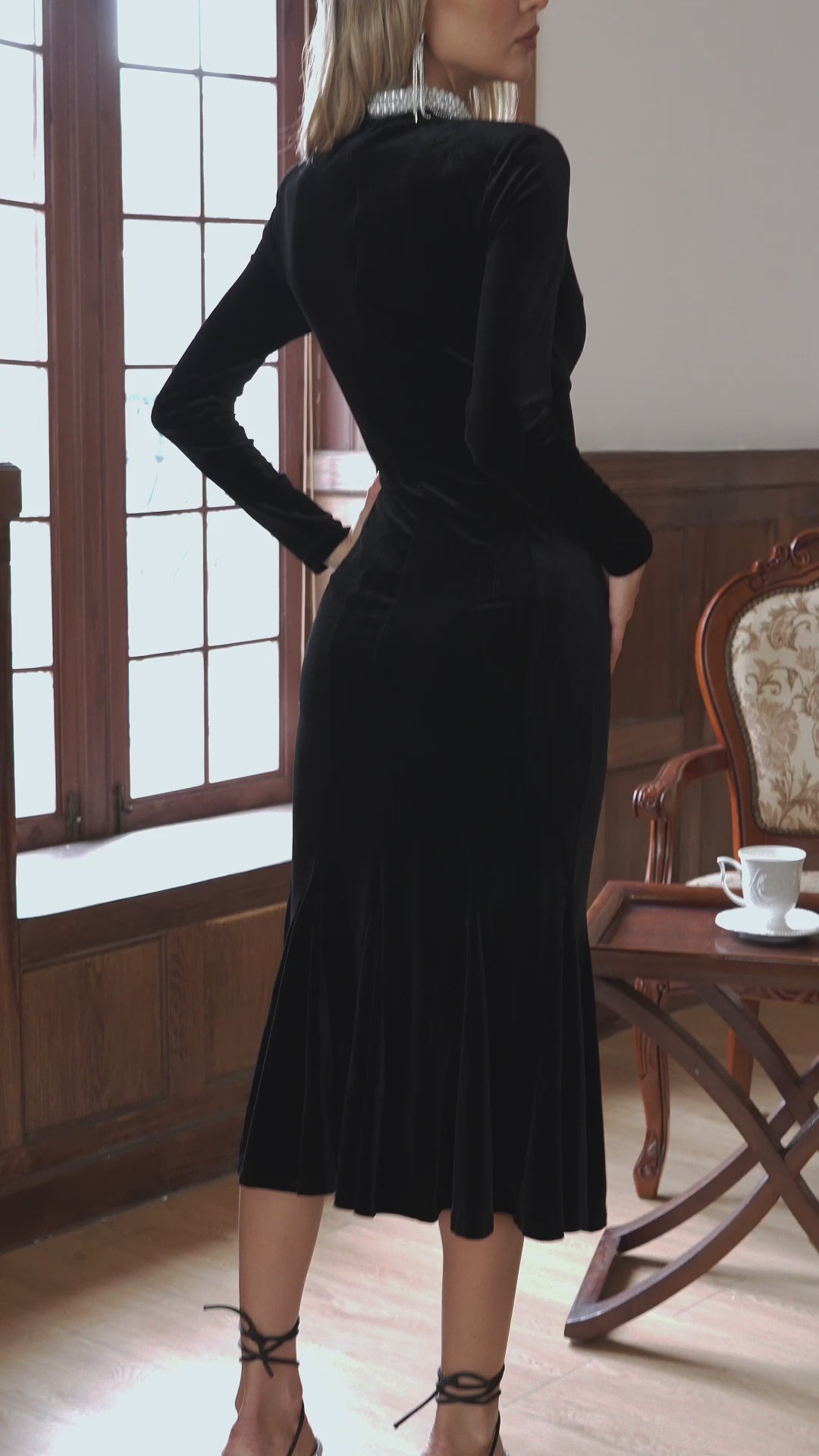 Christina Black Pearl  Decorated Long Sleeve Maxi Dress